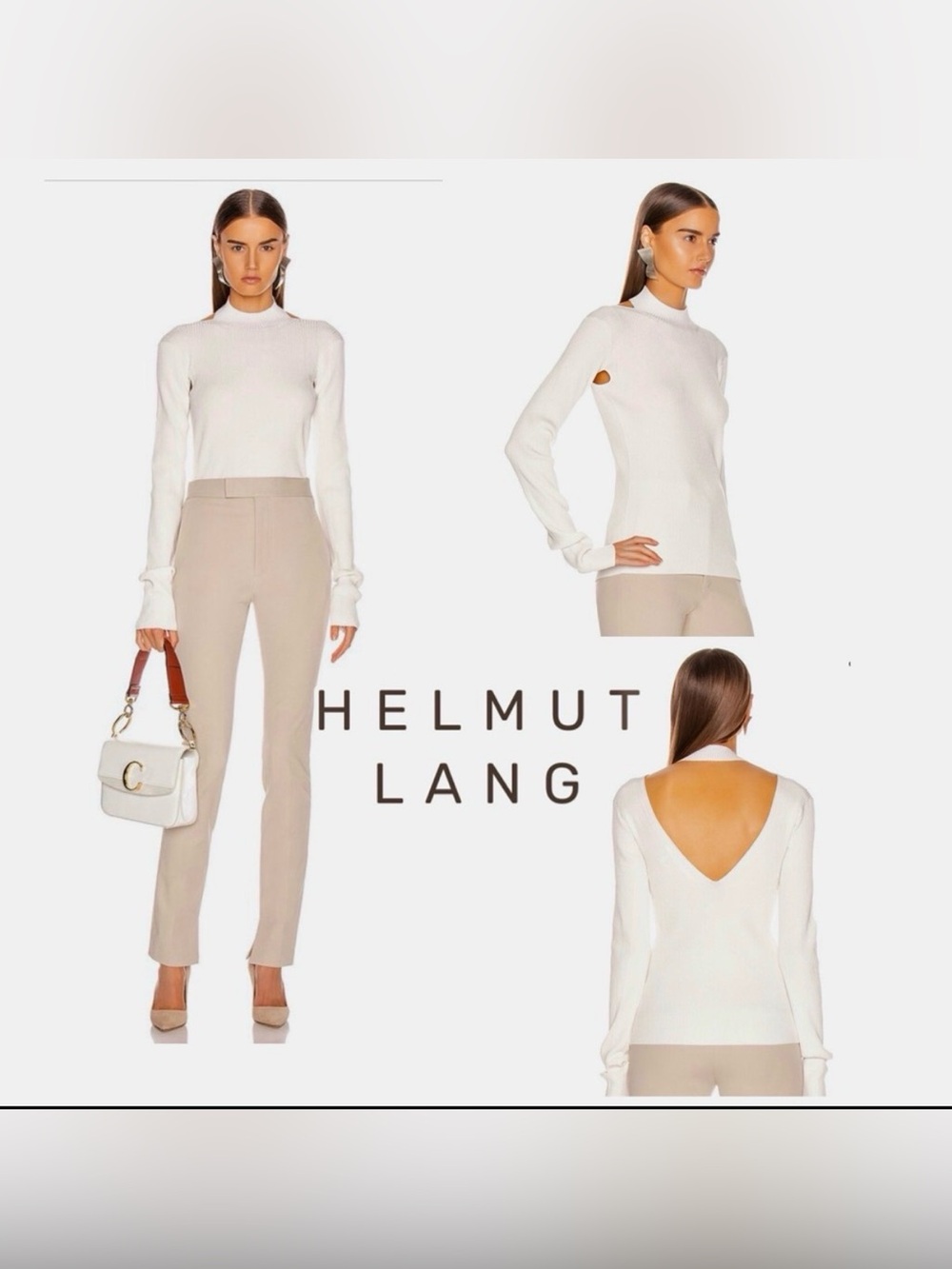 HELMUT LANG Deep V Open Back Cream Ribbed Stretch Long Sleeve Pullover Top M New